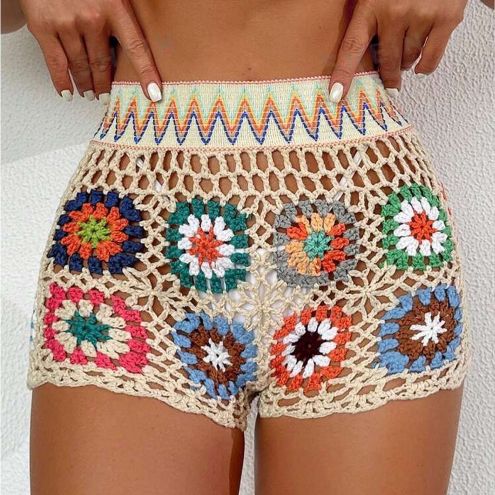 Swim BohoFeel Women's Crochet Flower Pattern Cover Up Shorts Music Festival